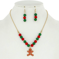 CHRISTMAS GINGERBREAD MAN CHARM RUBBER BALL NECKLACE AND EARRINGS SET